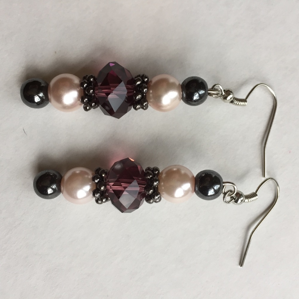 Elegant long pearl amethyst colored glass earrings